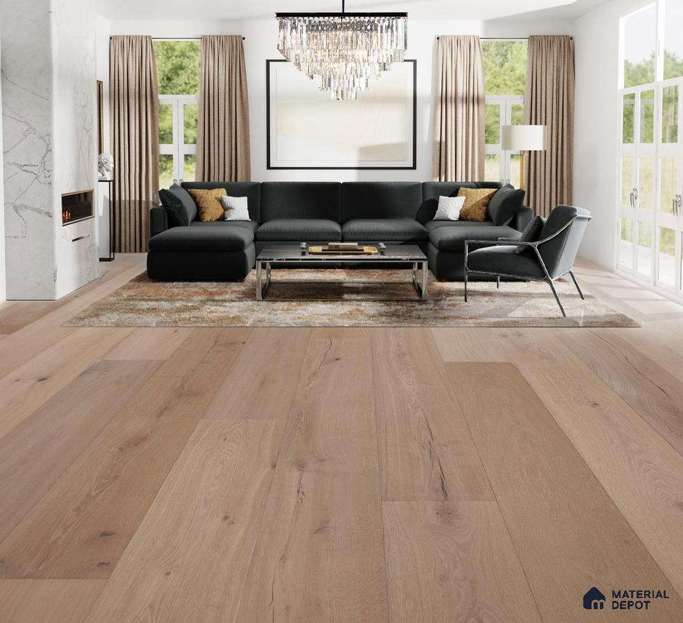 Living room with wooden flooring and black furniture