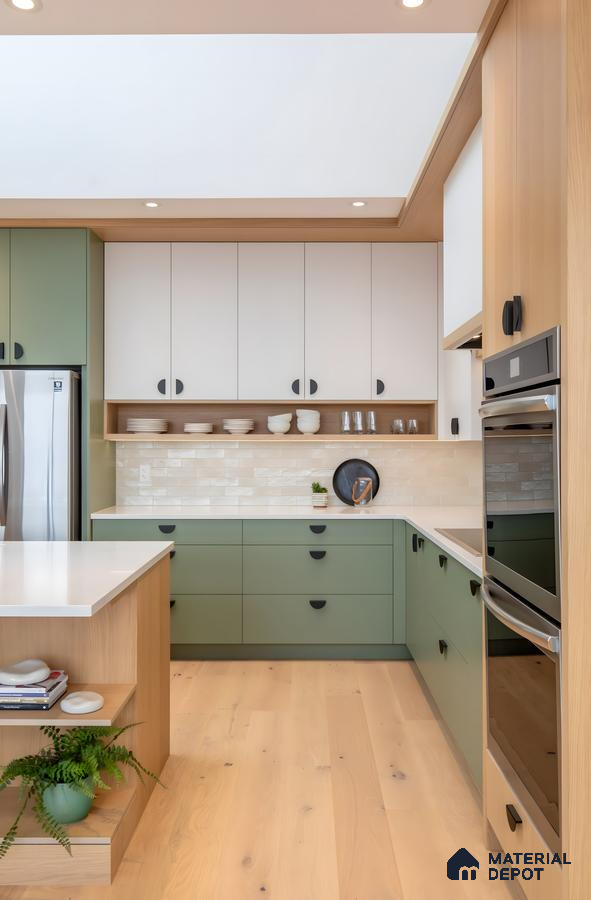 Light-Filled Modern Kitchen With Sage Green And White Cabinets | Material Depot