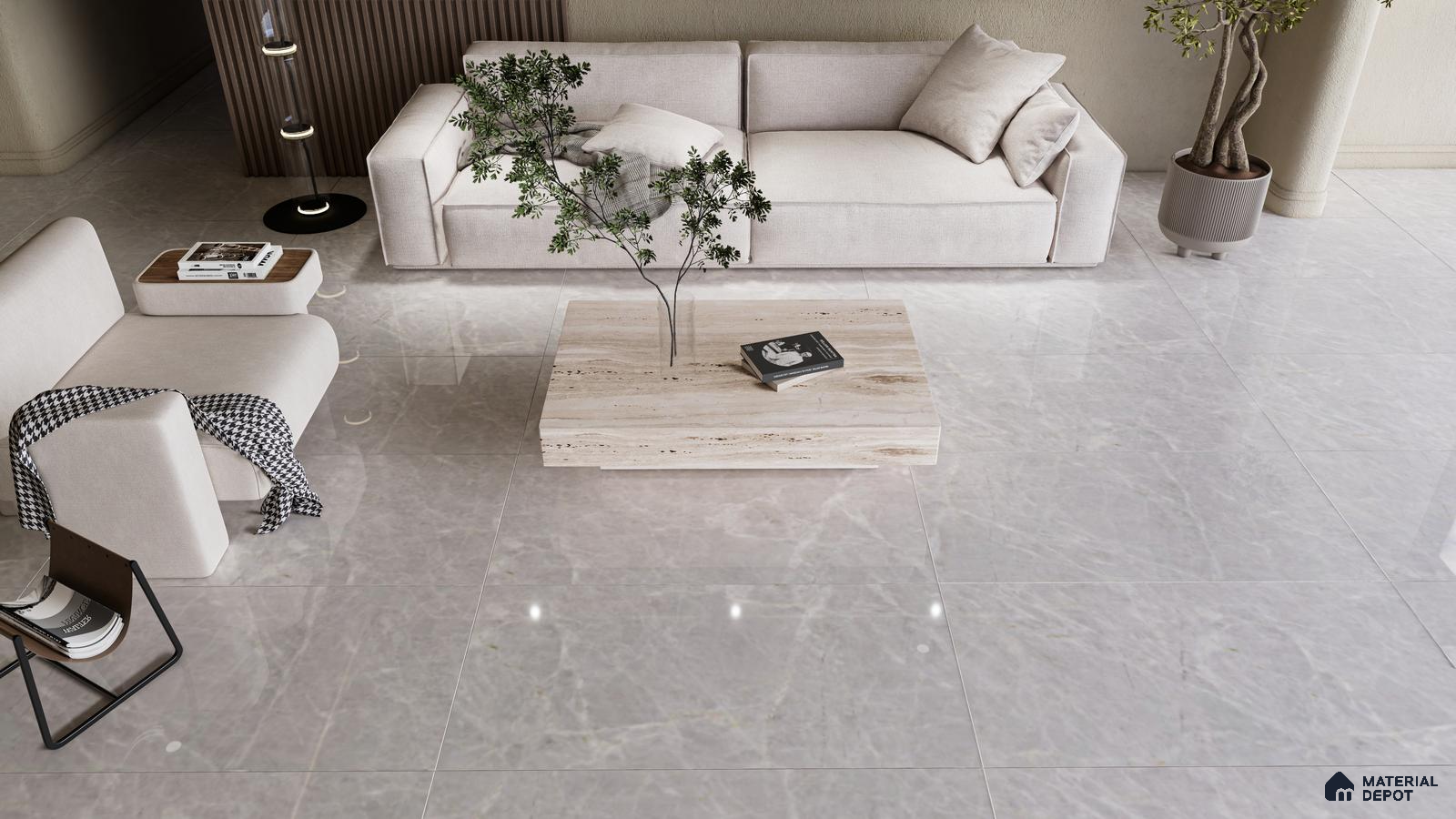 Light Grey Glossy Marble Tiles for a Sleek and Modern Living Room | Material Depot
