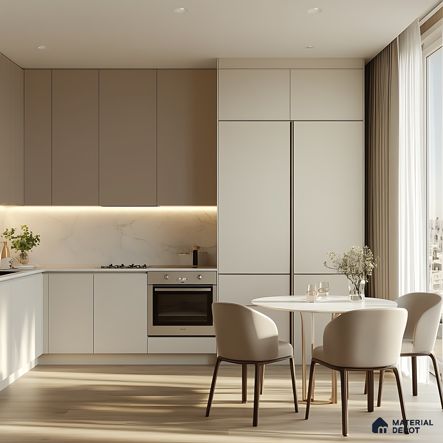 Modern Light-Colored Kitchen with Built-In Dining and Natural Lighting | Material Depot