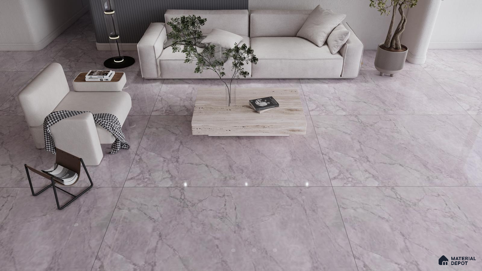 Lilac Grey Marble Look Tiles in a Chic Contemporary Living Room | Material Depot