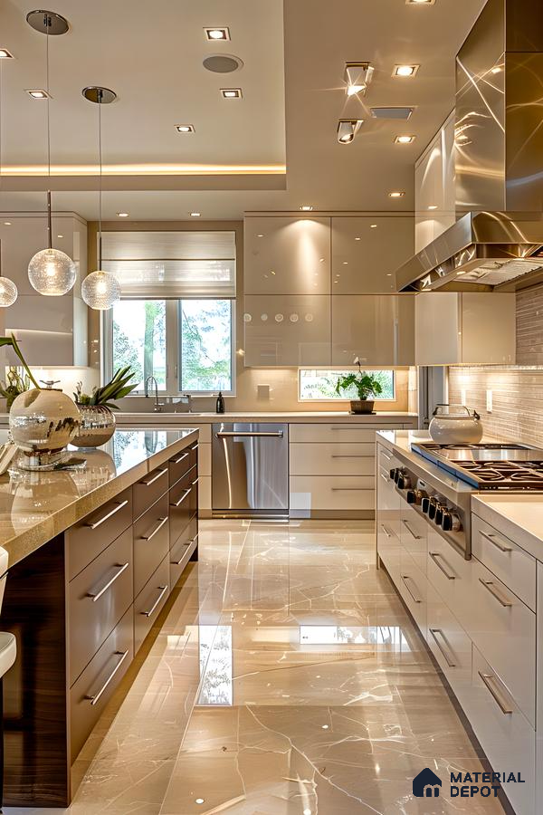 Linear Elegance: Sleek Modern Lighting in a Stylish Parallel Kitchen Design | Material Depot