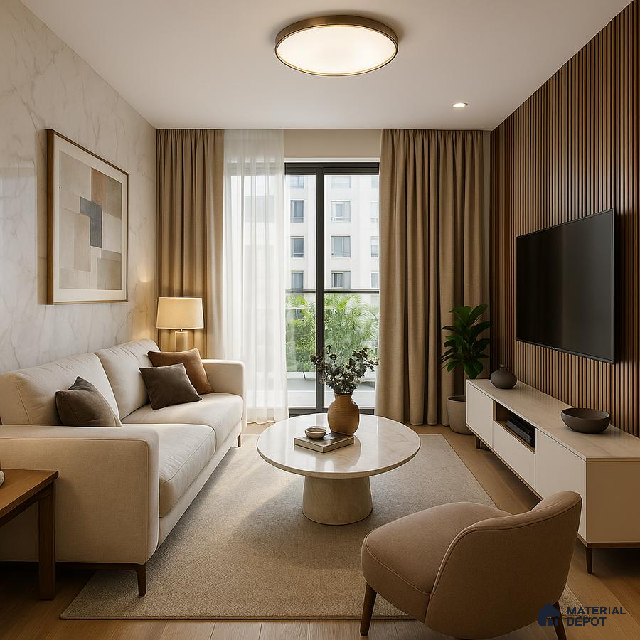 Living room design for 2BHK apartment in Whitefield Prestige Somerville | Material Depot