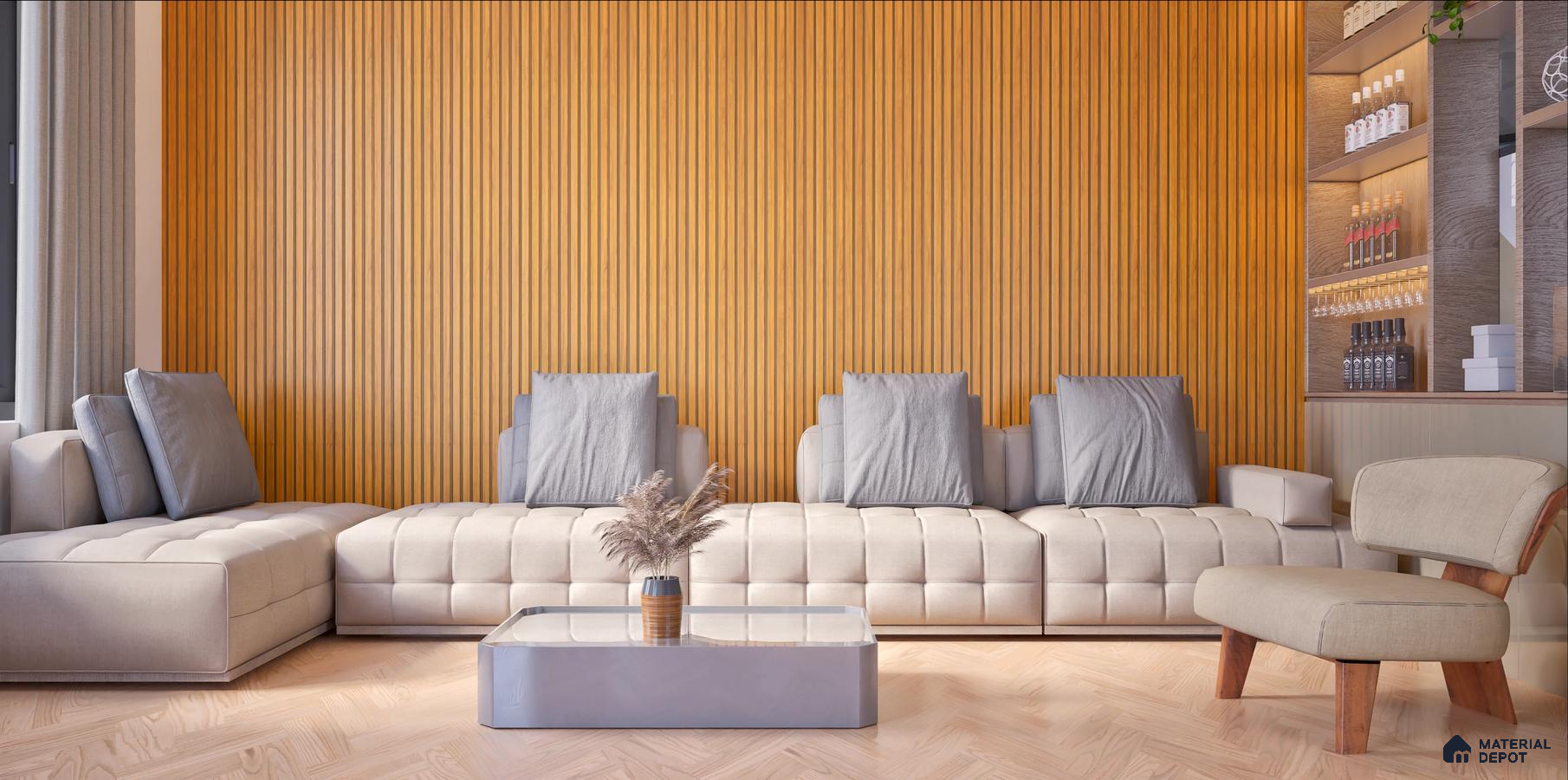 Living Room with Bright Yellow Wall Paneling | Material Depot