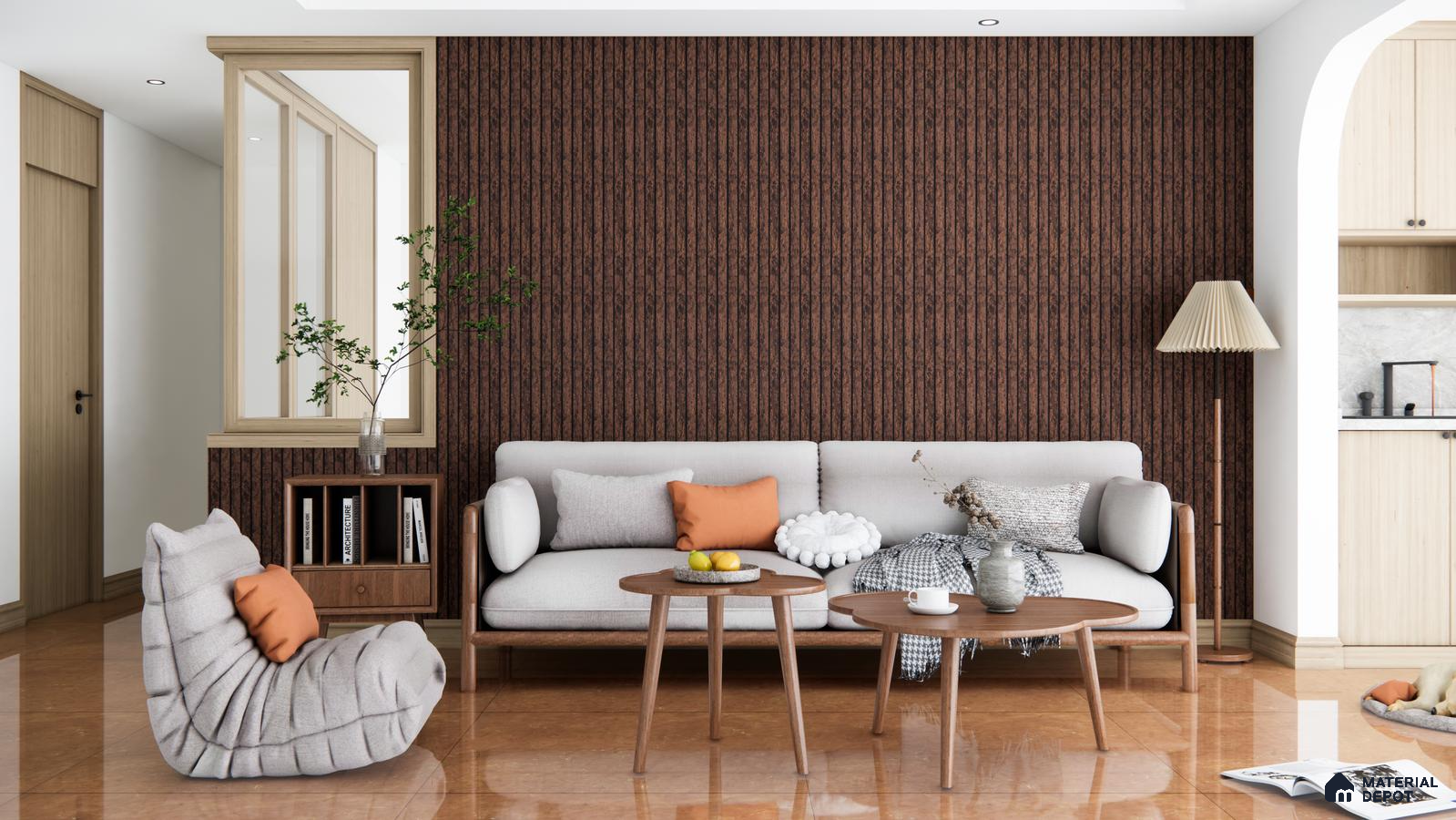 Living Room with Deep Charcoal Fluted Panels and Warm Neutral Decor | Material Depot