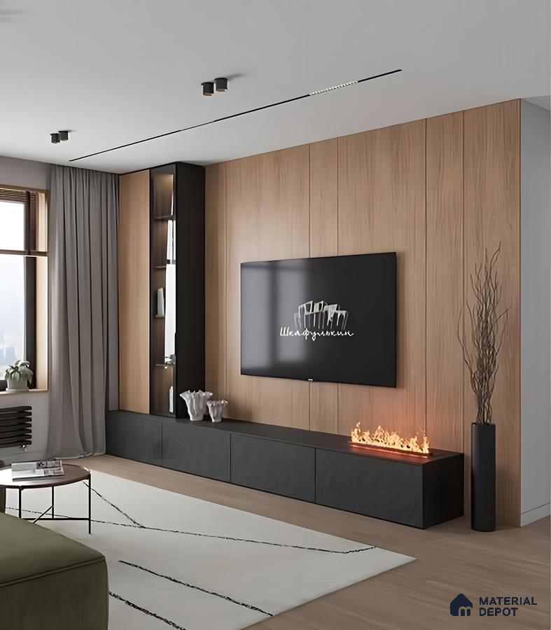 Living Room With Marble-Backed Tv Unit And Cove Lighting In A Warm Beige Palette | Material Depot