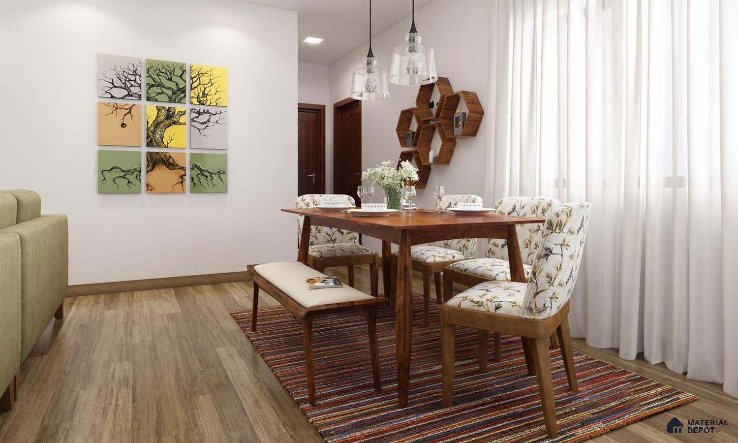 Room with wooden table and chairs, floral accents, and a large window