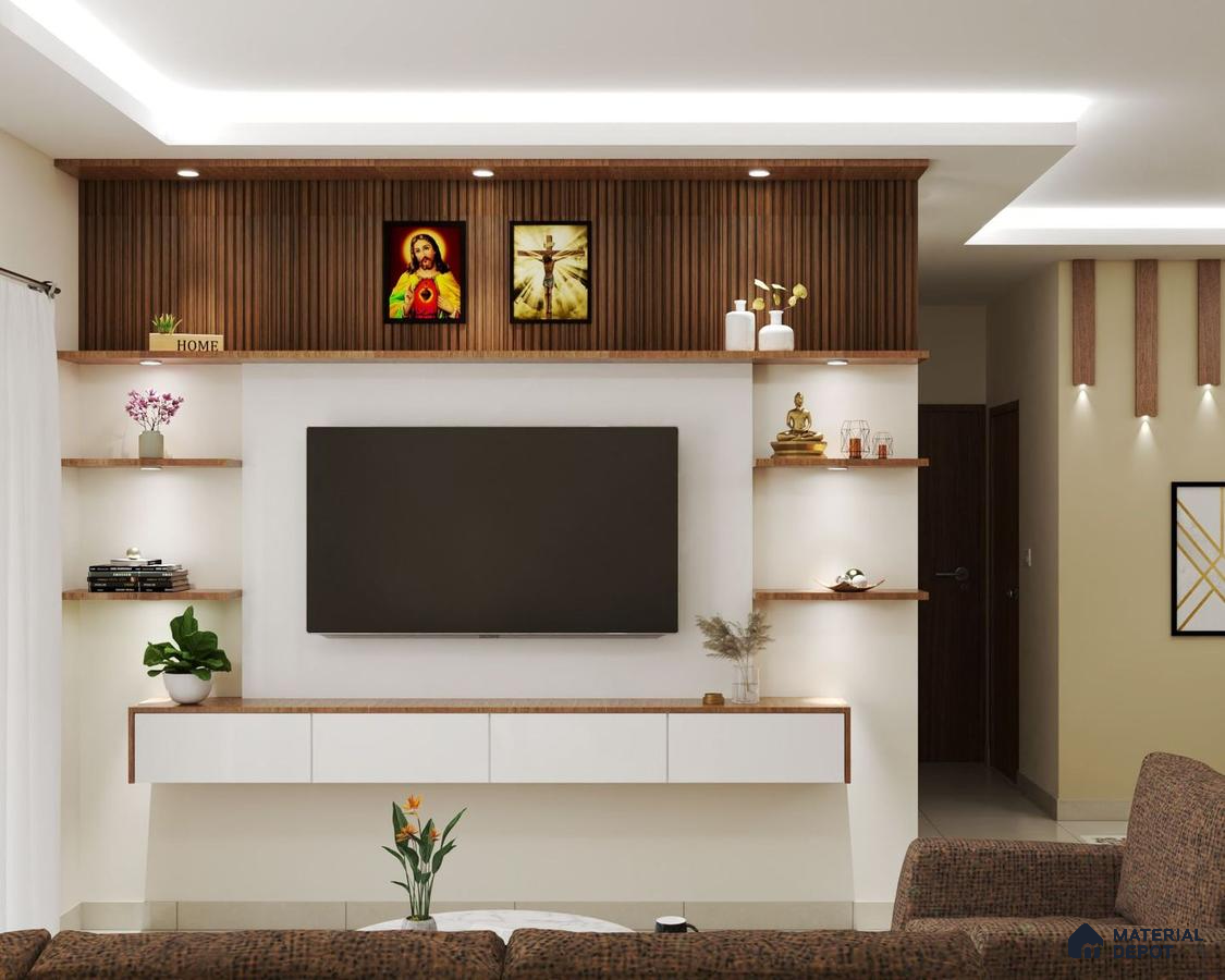 Living room with television mounted on white wall with wooden paneling and shelf with decorative items