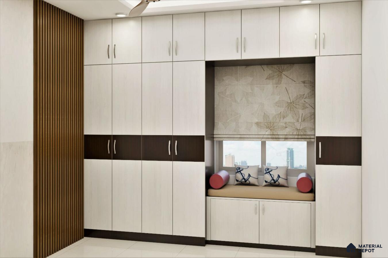 Floor-to-Ceiling Hinged Wardrobe with Loft and Seating.