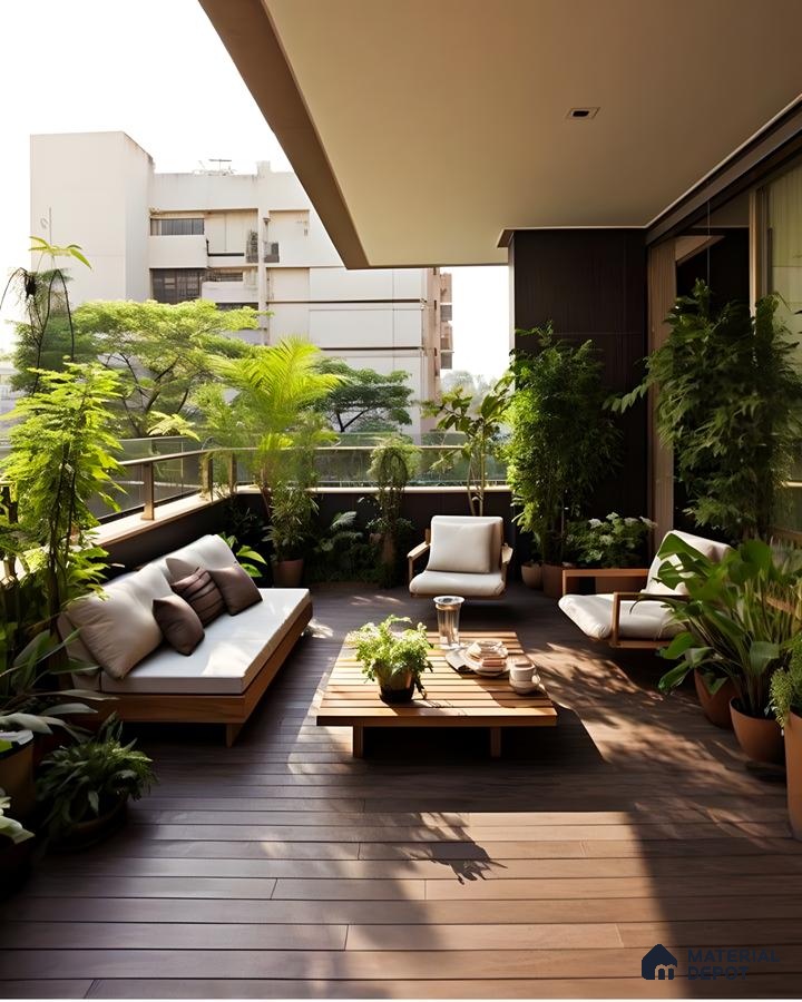 Lush Balcony with Wooden Decking and Greenery | Material Depot