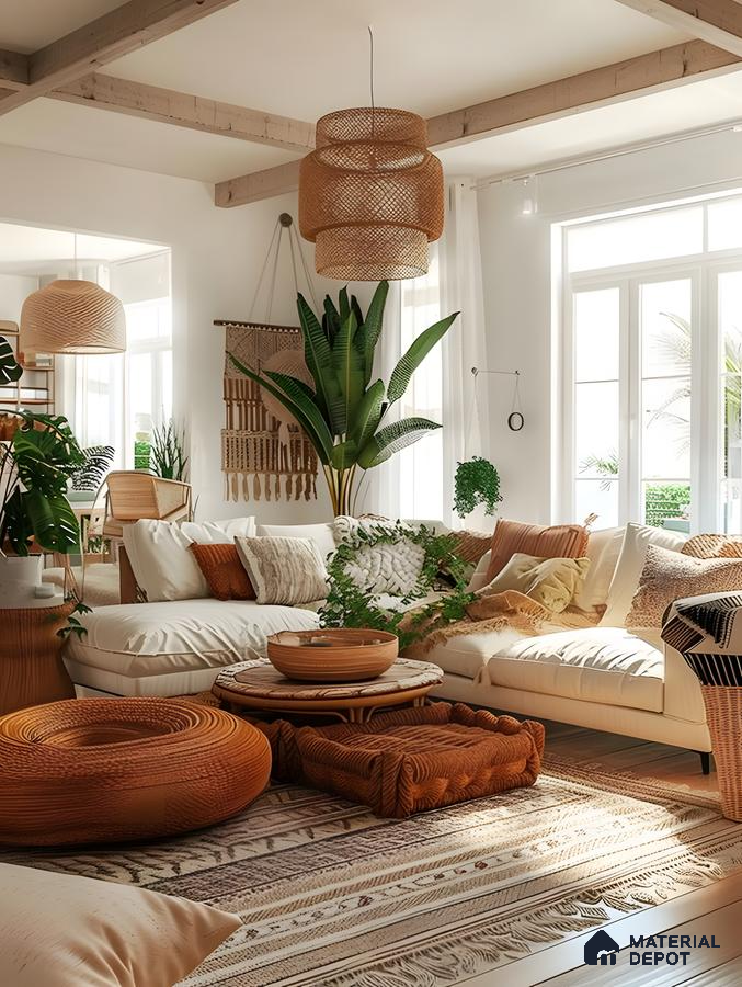 Lush Bohemian Living Room With Terracotta Poufs & Wicker Pendant Light | Material Depot