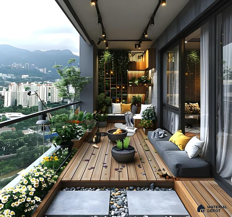 Lush Modern Balcony with Garden Oasis and City View | Material Depot