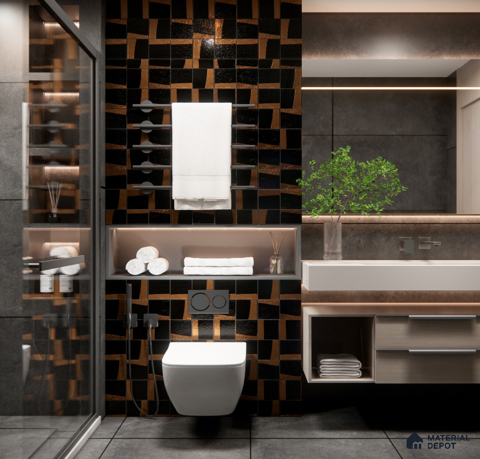 Luxe Black & Copper Bathroom with Artistic Highlighter Tiles | Material Depot