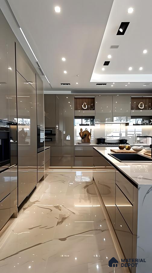 Luxe Luminosity: High-Gloss Kitchen with Dramatic Lighting | Material Depot