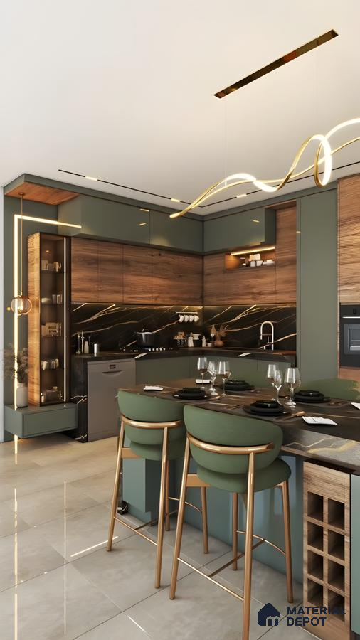 Luxe Modern Kitchen With Green Cabinets, Wood Accents & Black Marble Backsplash | Material Depot