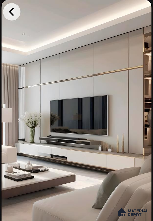 Luxe Modern Tv Wall With White Paneling And Gold Metal Inlay Accents | Material Depot