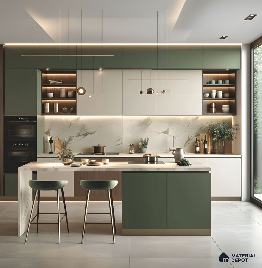 Luxe Olive Green And Marble Kitchen With Sculptural Lighting | Material Depot