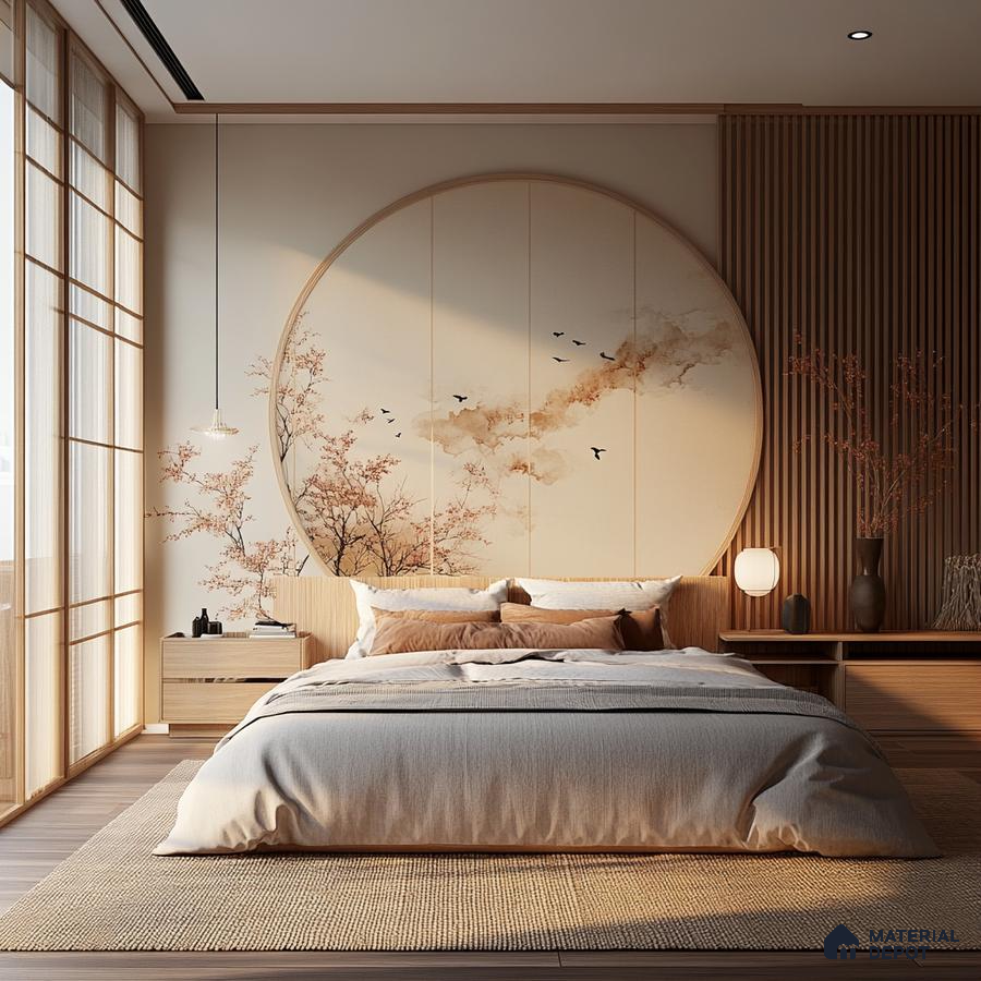 Luxurious and Tranquil Bedroom Design with Wood Paneling and Round Painting with pendant lighting Salarpuria Sattva Exotic Bagalur Road | Material Depot