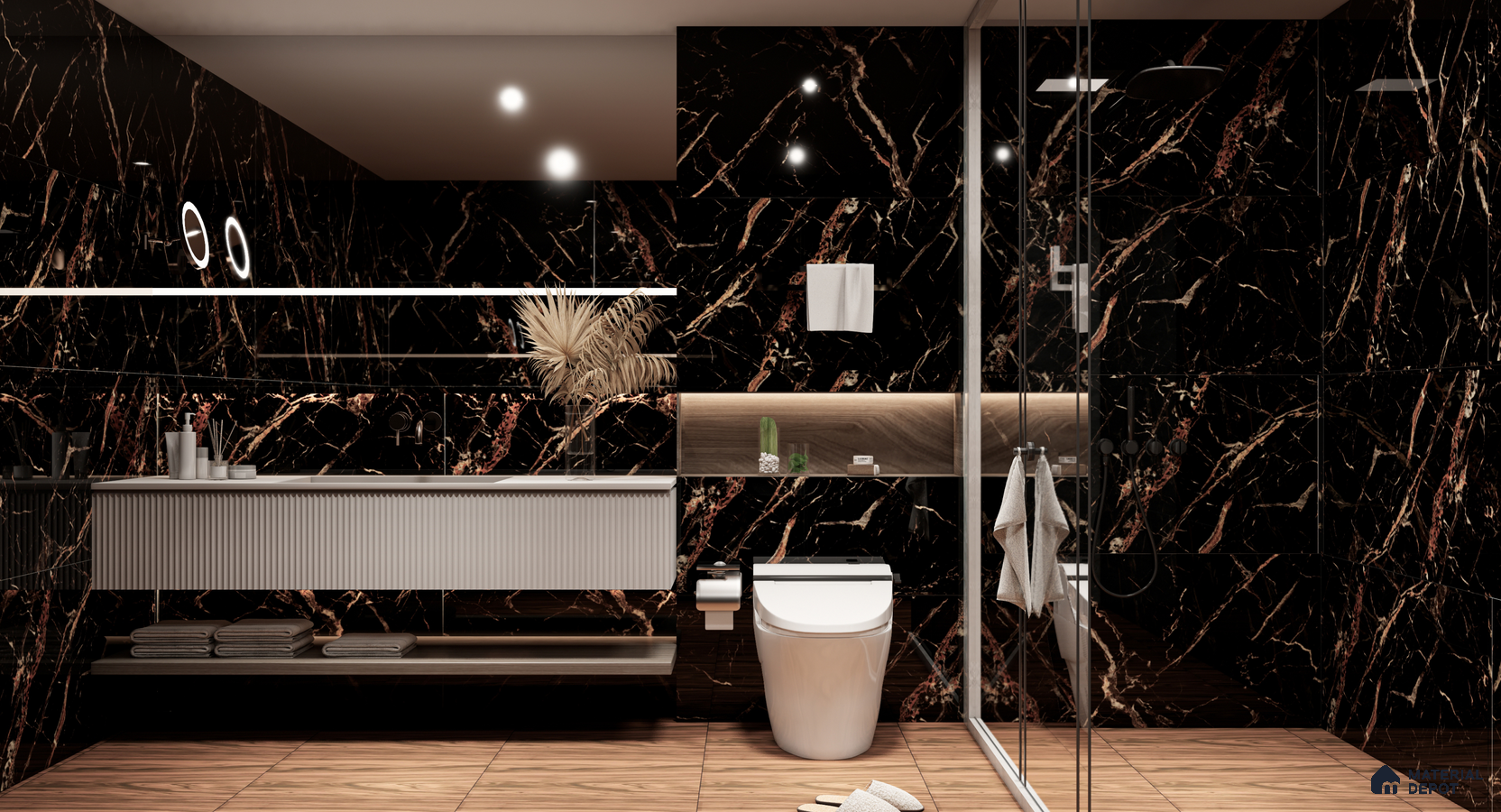Luxurious Bathroom with Black Marble Walls and Warm Wood Floors | Material Depot
