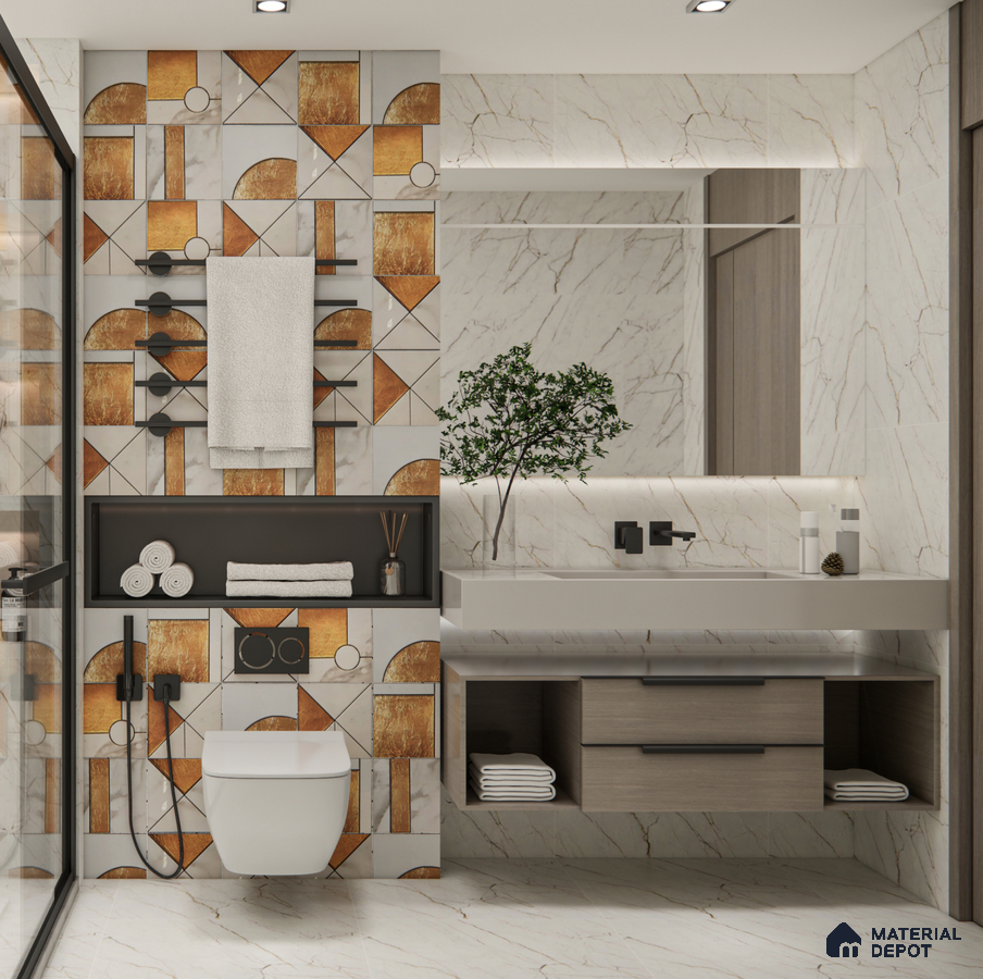 Luxurious Bathroom with Handcrafted Highlighter Tiles and Marble Finishes | Material Depot