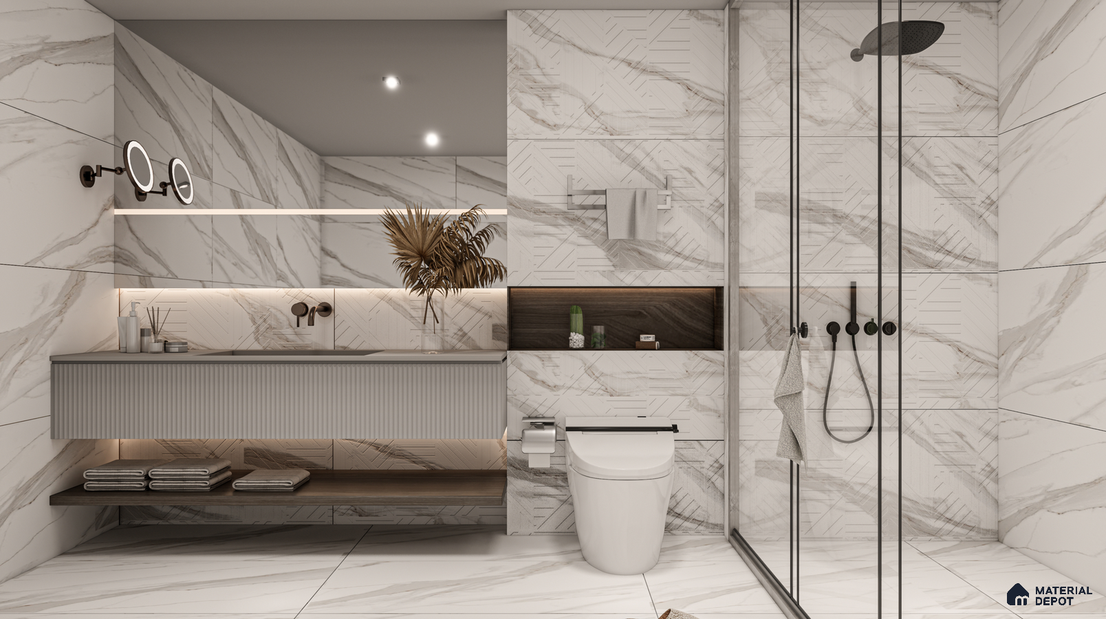 Luxurious Bathroom with Marble-Effect Tiles and Minimalist Vanity | Material Depot