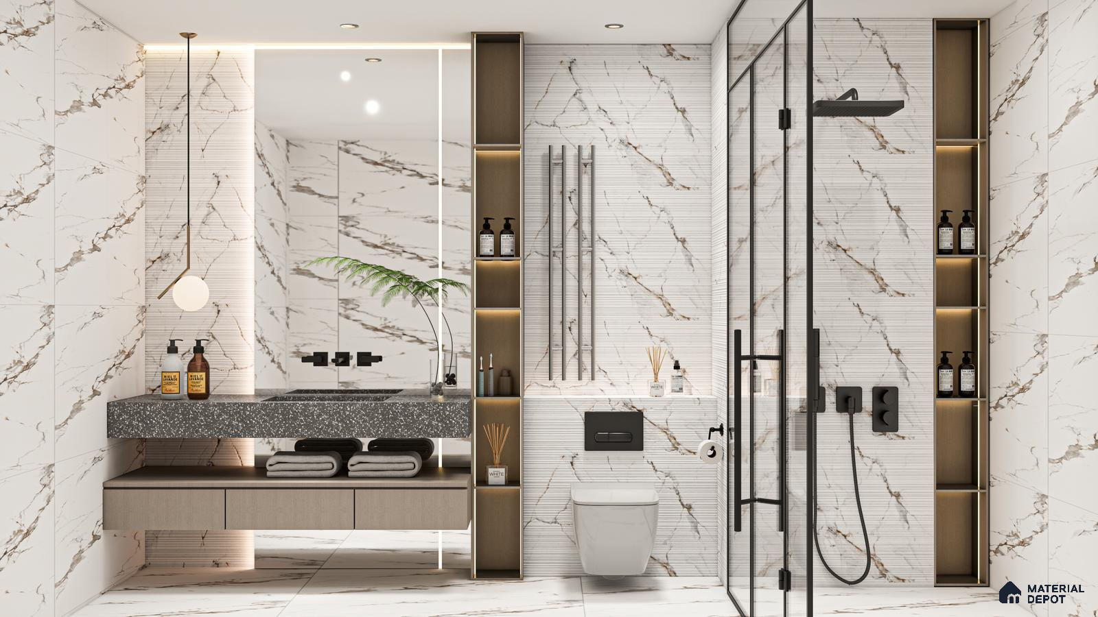 Luxurious Bathroom with Marble-Look Tiles and Modern Fixtures | Material Depot
