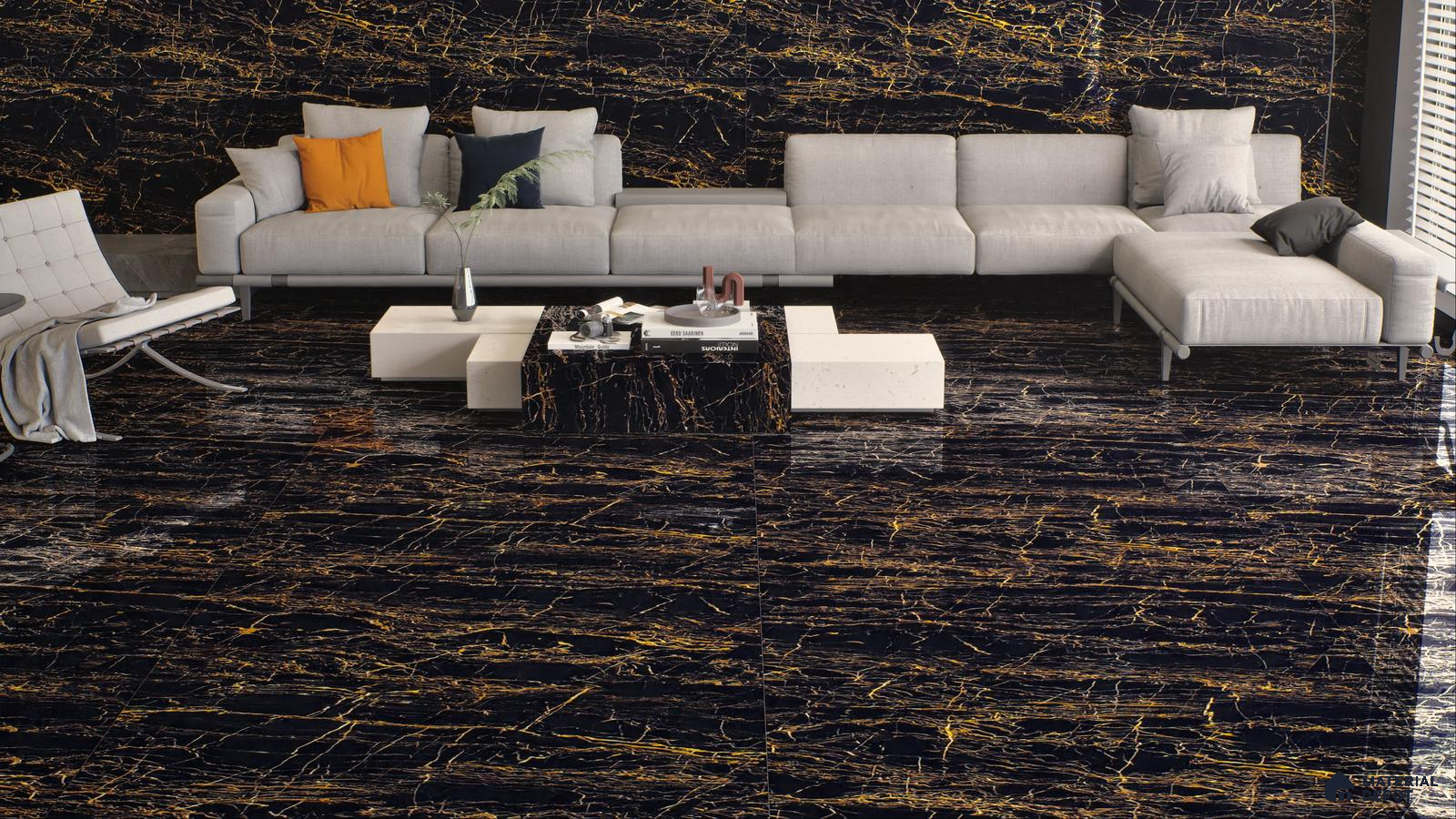 Luxurious Black and Gold Marble Flooring in Modern Living Room | Material Depot