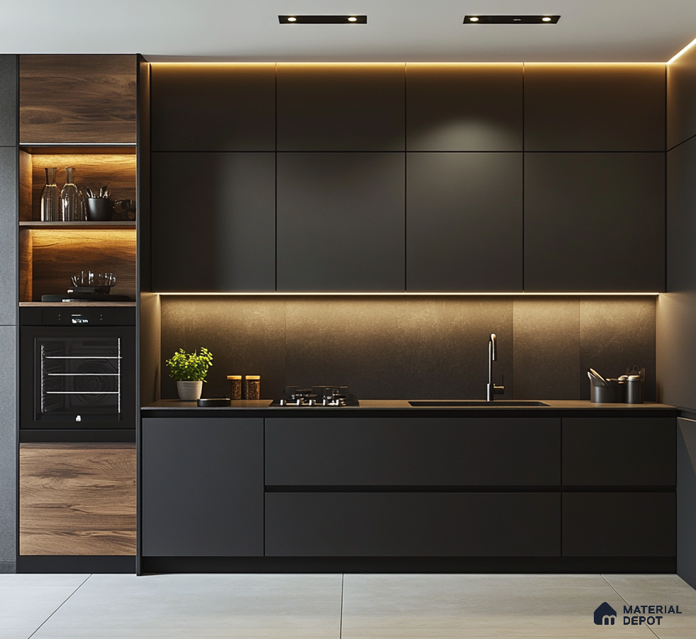 Luxurious Black and Wood Kitchen with Warm Underlit Cabinets | Material Depot