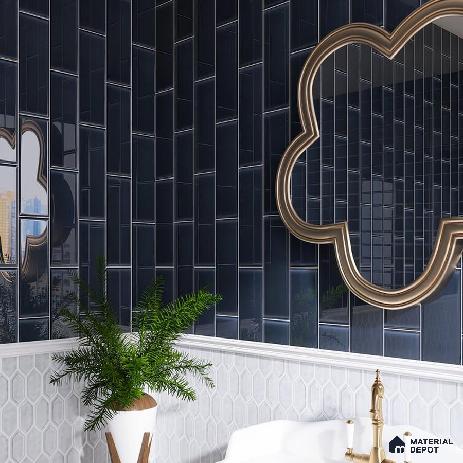 Luxurious Contrast Reflective Black Tiles with Golden Accents | Material Depot