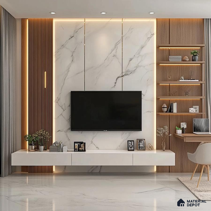Luxurious Integrated Marble and Wood Living Room Design with Ambient Lighting | Material Depot