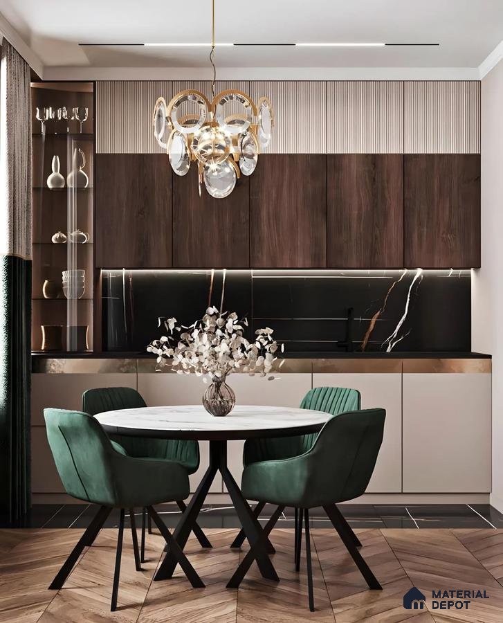 Luxurious Kitchen with Green Velvet Chairs and Black Marble Backsplash | Material Depot