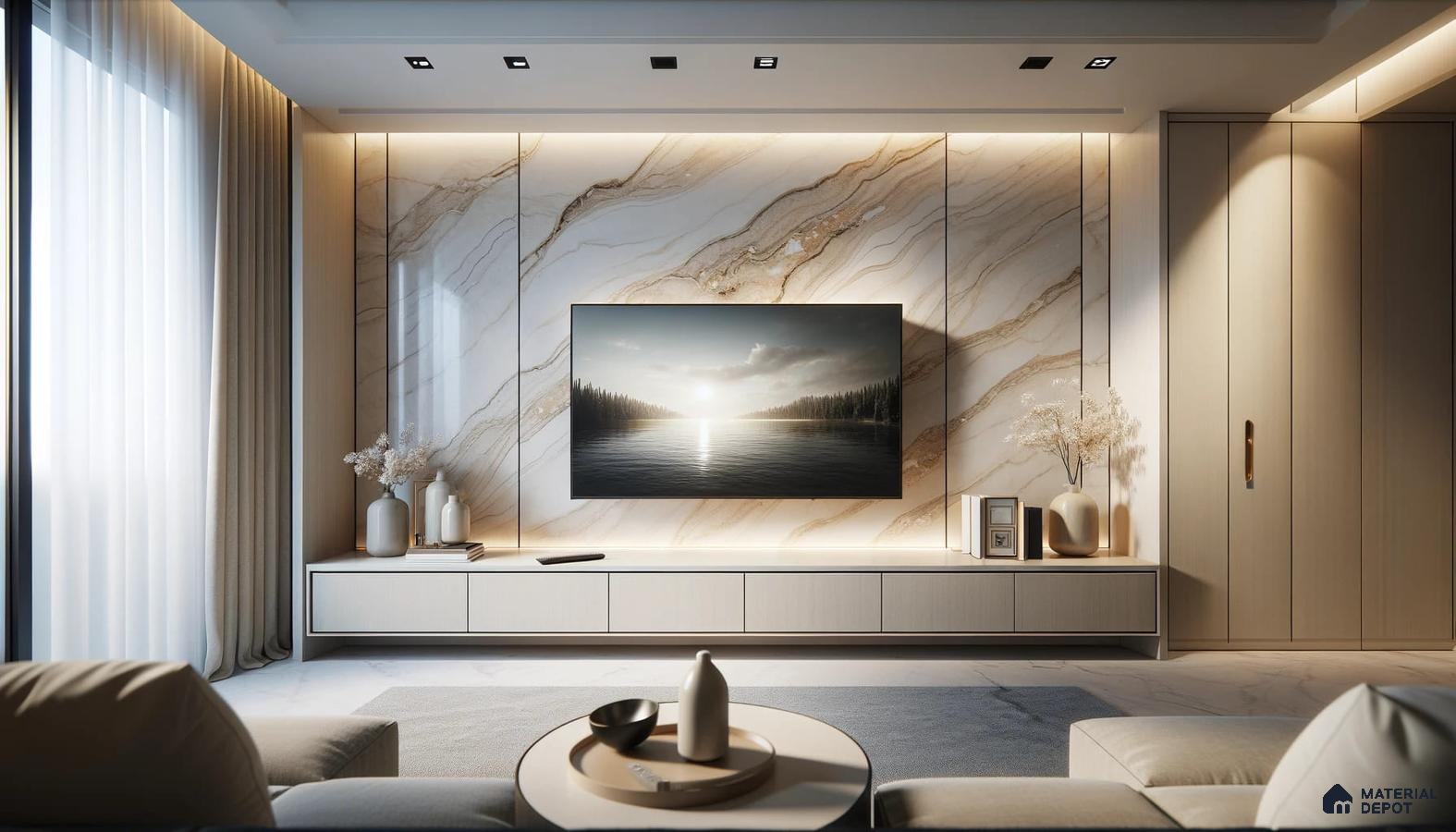 Luxurious Living Room Blends Natural Marble with Modern Aesthetics | Material Depot