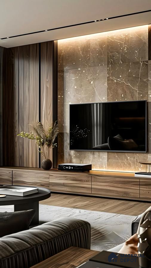 Luxurious Living Room with Backlit Marble TV Wall | Material Depot