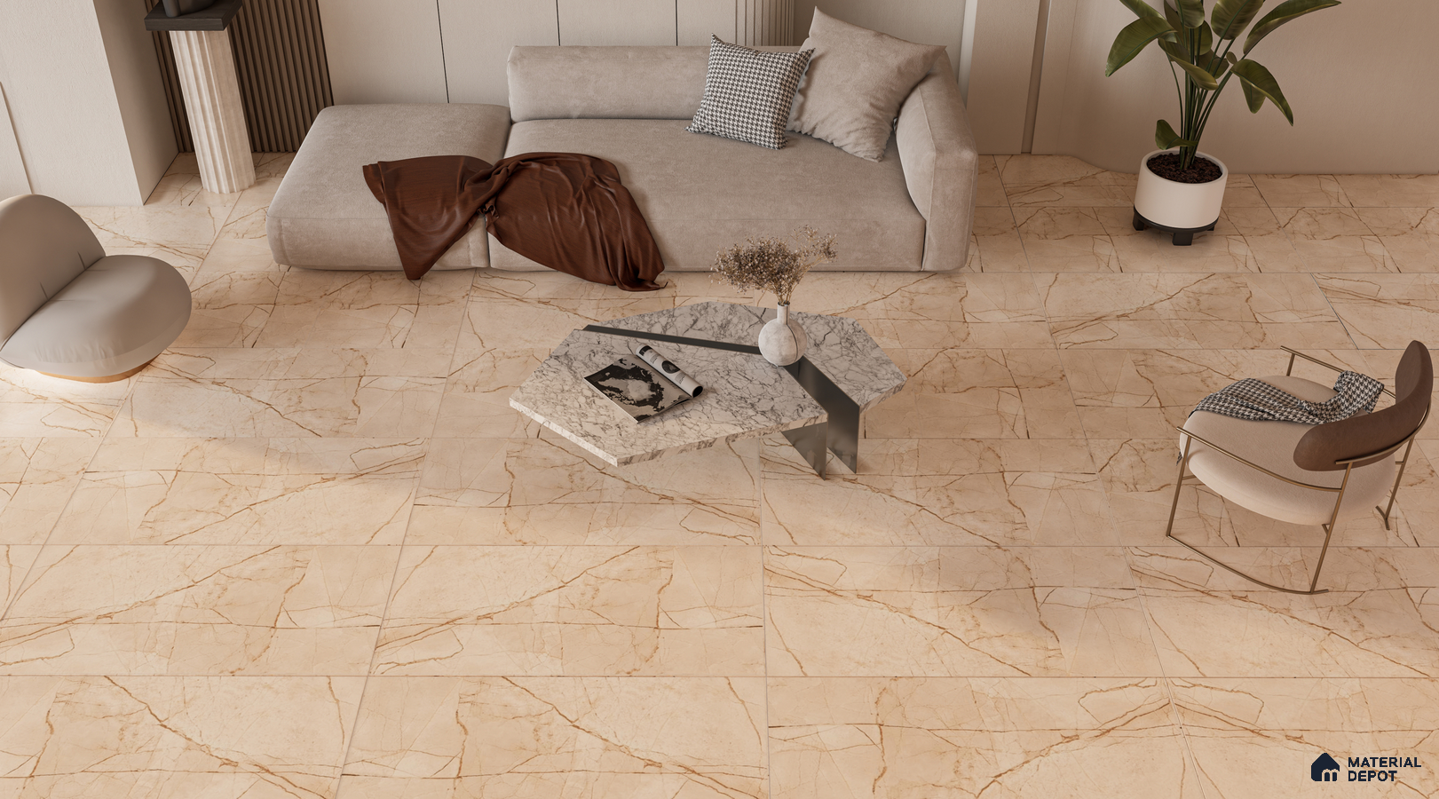 Luxurious Living Room with Beige Marble-Look Tile Flooring | Material Depot
