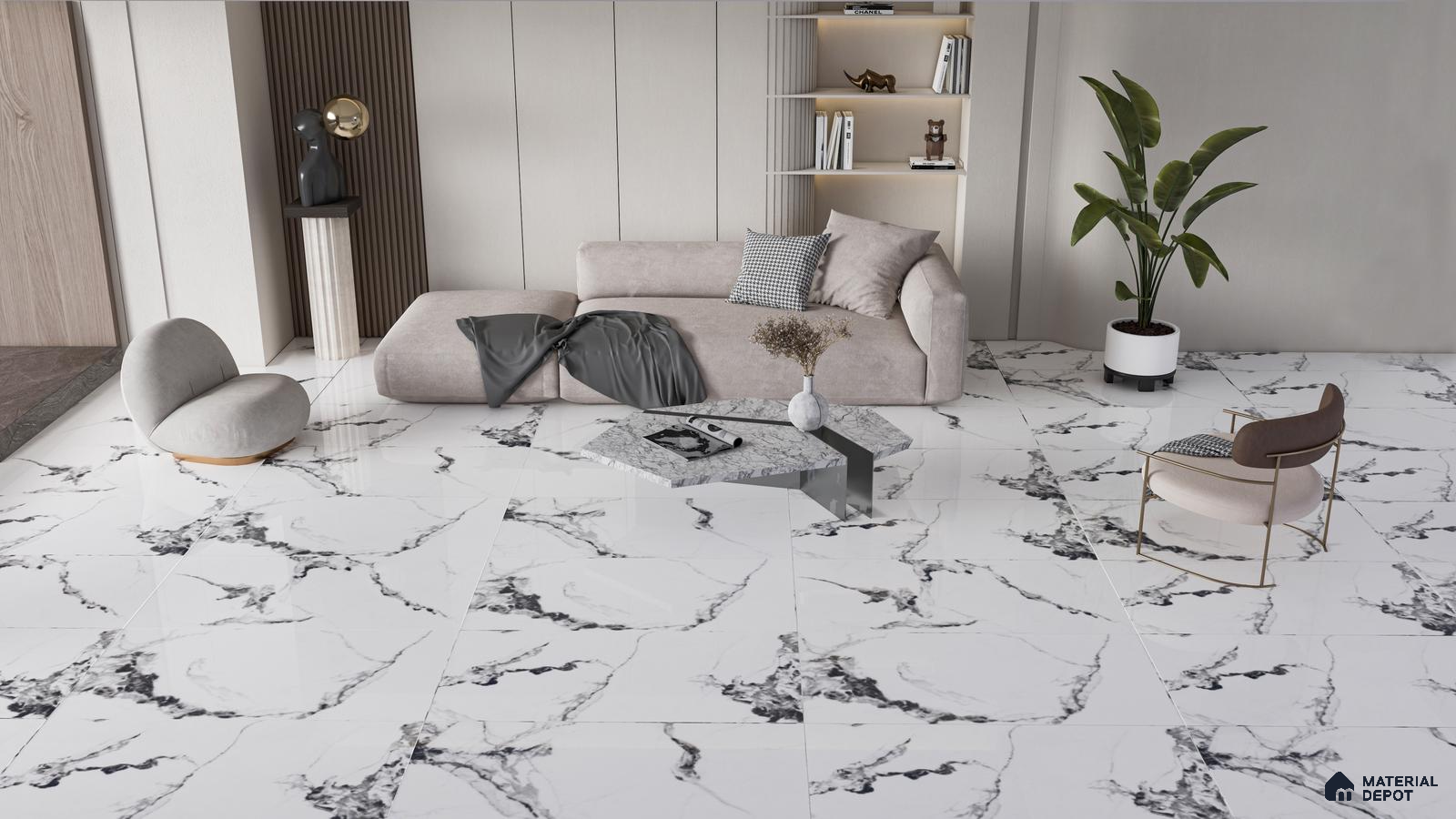 Luxurious Living Room with High-Gloss Marble Look Tiles | Material Depot