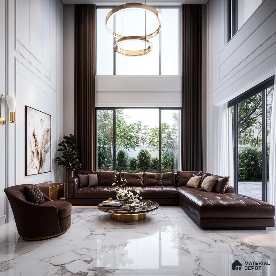 Luxurious Living Room with Large Leather Sectional and Floor-to-Ceiling Windows | Material Depot