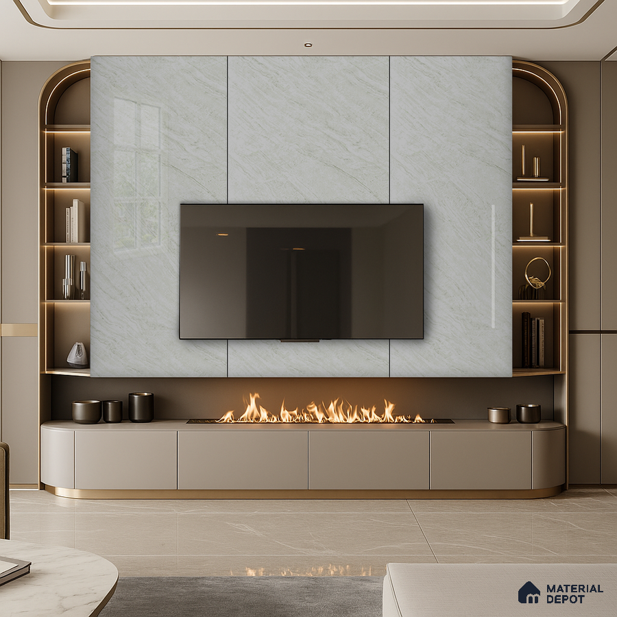 Modern Living Room with Subtle Leaf Pattern Laminate TV Wall and Open Shelving | Material Depot