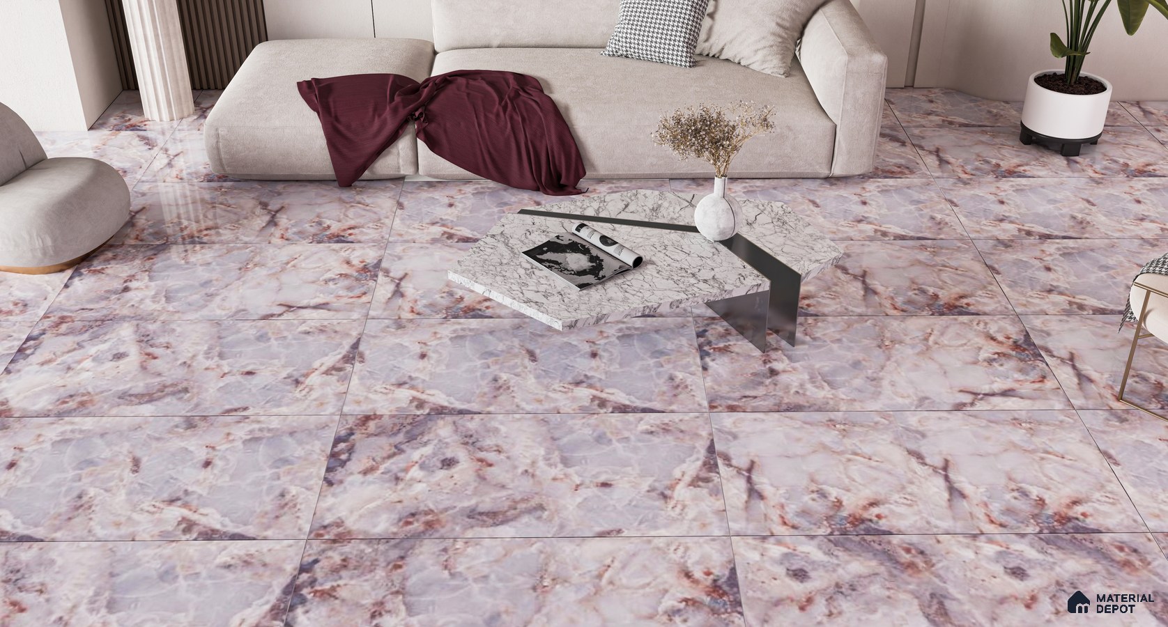 Luxurious Living Room with Marble Effect Tiles and Minimalist Decor | Material Depot