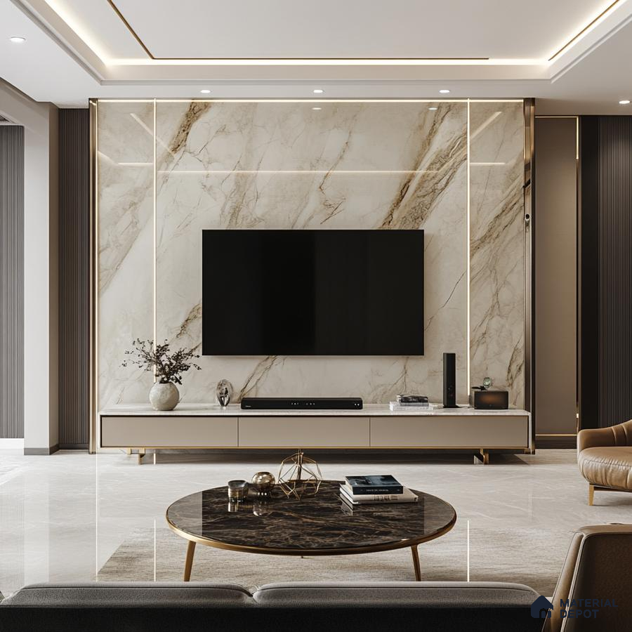 Luxurious Living Room with Marble Feature Wall and Gold Accents | Material Depot