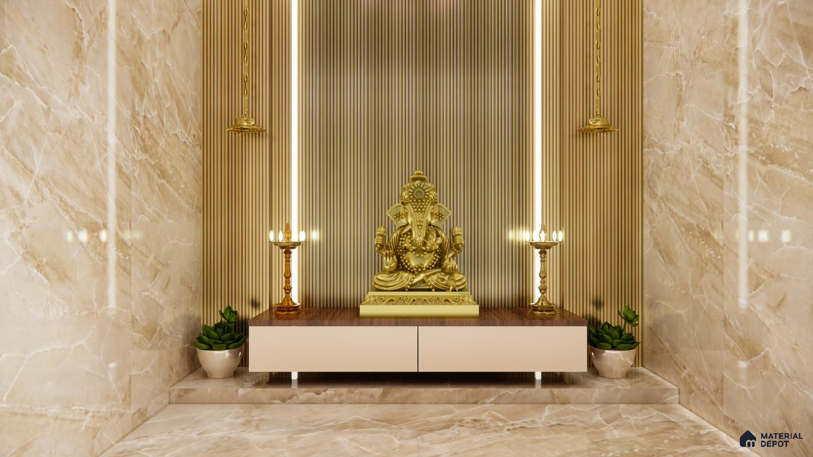 Luxurious Mandir Design with Fluted Panels and Golden Accents | Material Depot