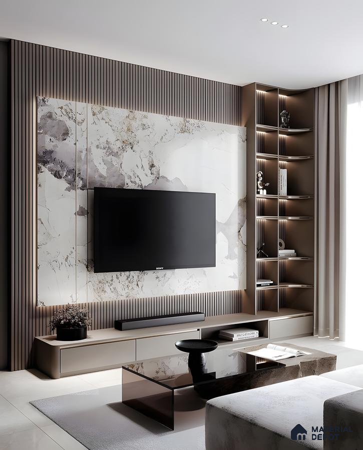 Luxurious Marble-Backed Tv Wall With Fluted Accents And Curved Open Shelves | Material Depot