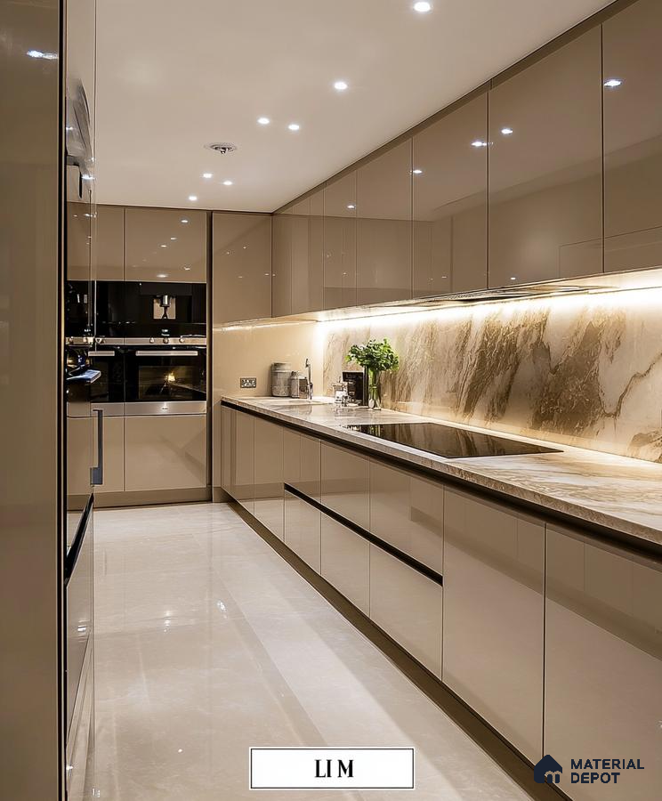 Luxurious Marble Kitchen with Mirrored Cabinetry | Material Depot