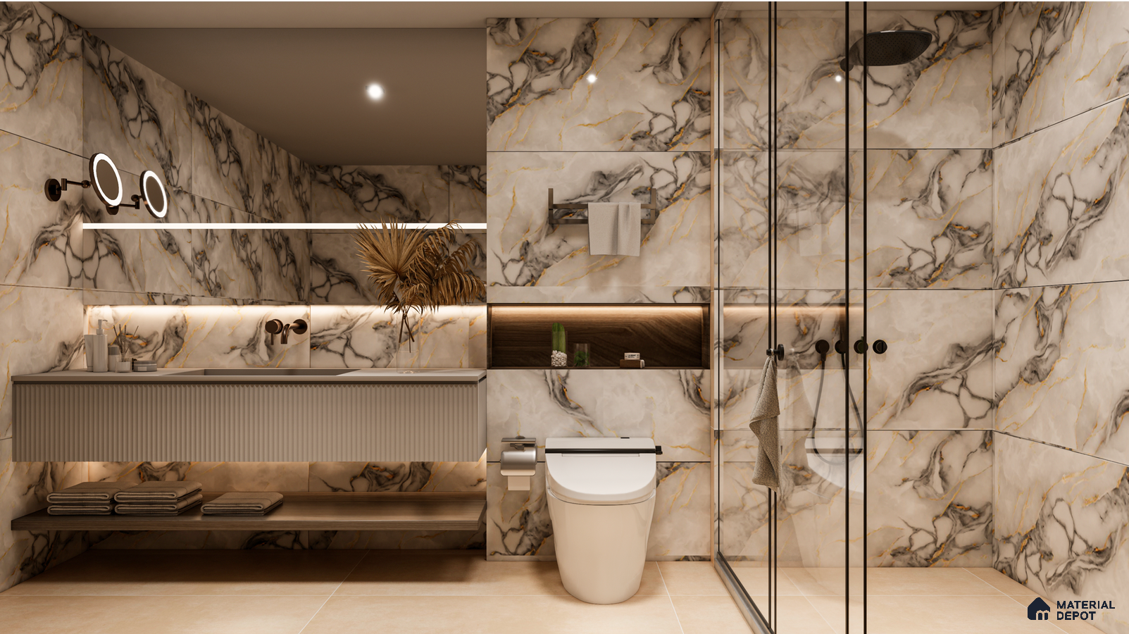 Luxurious Marble Patterned Bathroom with Earthy Accents | Material Depot