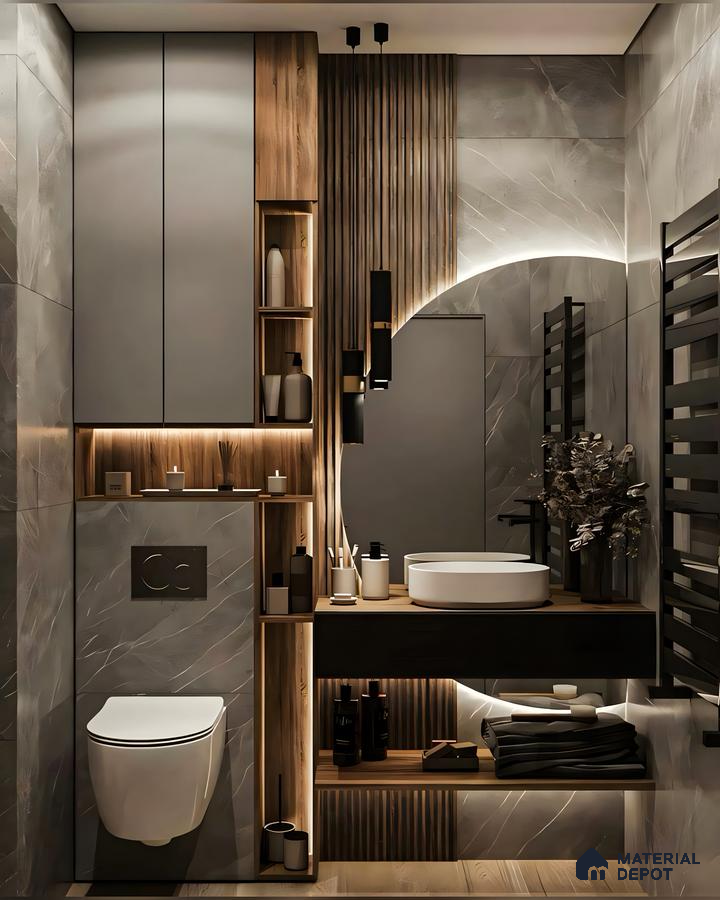 Luxurious Modern Bathroom with Wood and Marble Accents | Material Depot