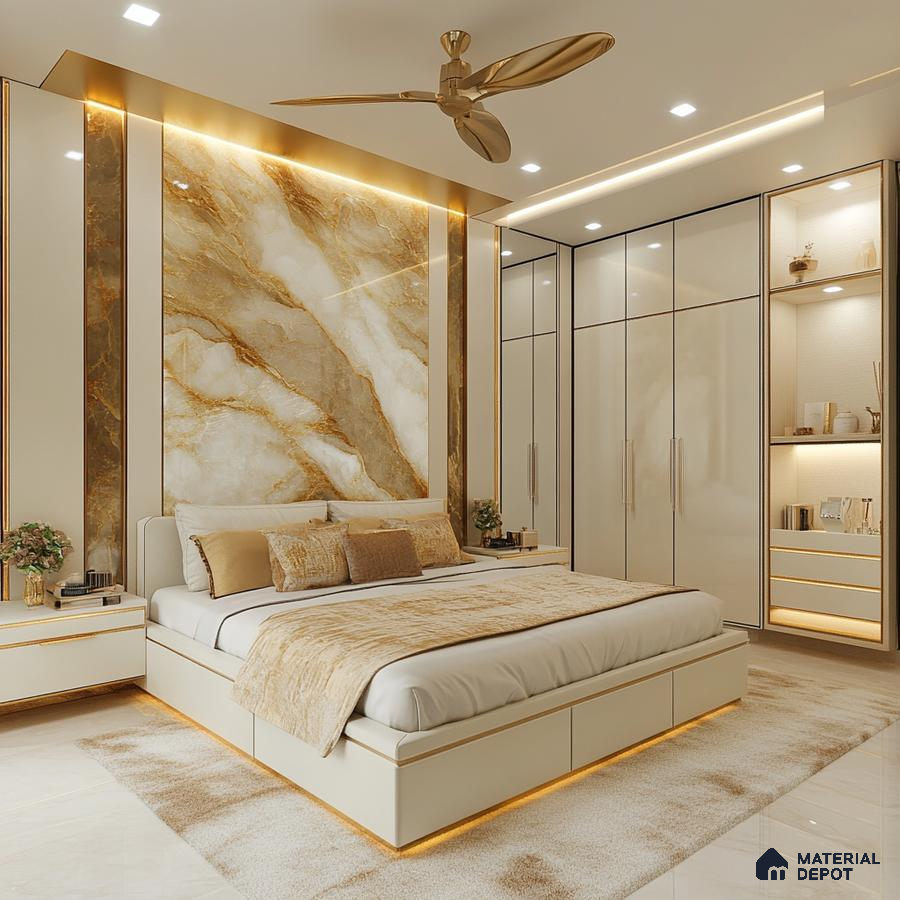 Luxurious Modern Bedroom Design with Marble Accent Wall and Custom Storage Arvind Forest Trails Sarjapur Road | Material Depot