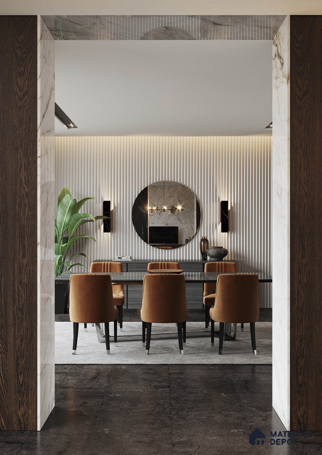 Luxurious Modern Dining Room with Vertical Wall Paneling and Pendant Lighting | Material Depot