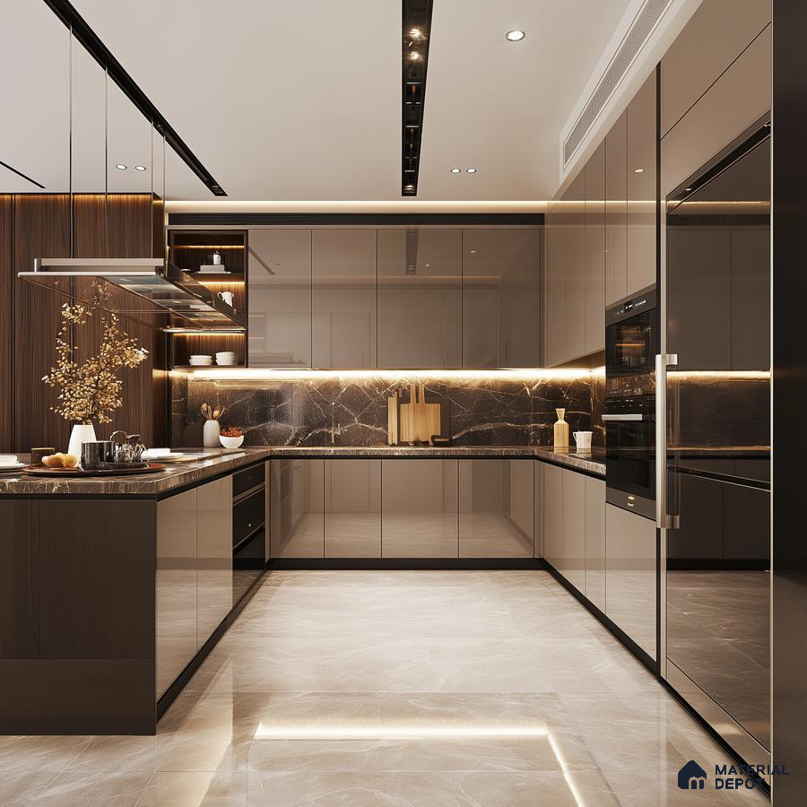 Luxurious Modern Kitchen with Dark Wood and Illuminated Marble Features | Material Depot
