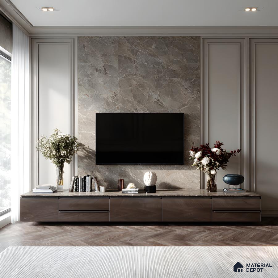 Luxurious Modern Tv Unit With Marble Feature Wall And Walnut Chevron Flooring 7Fe7Fd825D | Material Depot