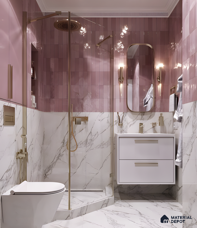 Luxurious Pink Marble Bathroom with Elegant Gold Fixtures and Modern Design | Material Depot