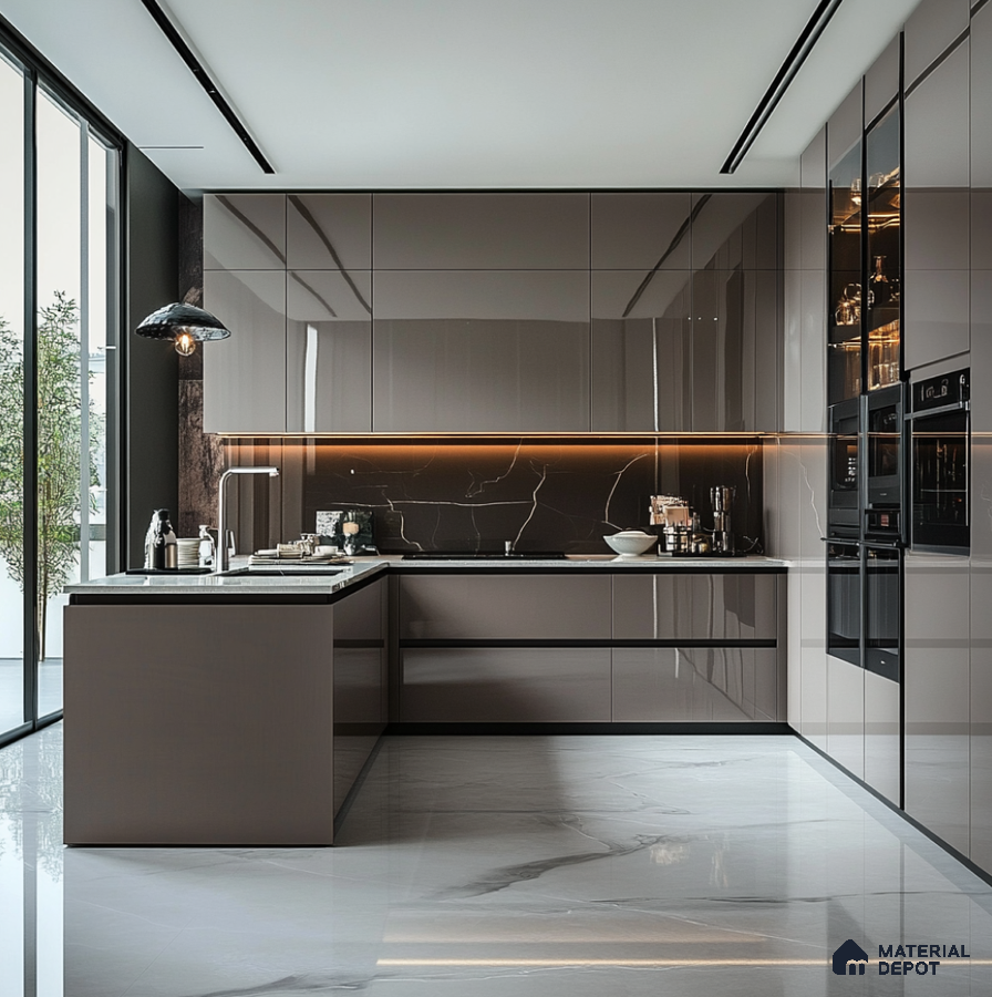Luxurious Taupe Glossy Solid Laminate Kitchen with Marble Finish Accents | Material Depot
